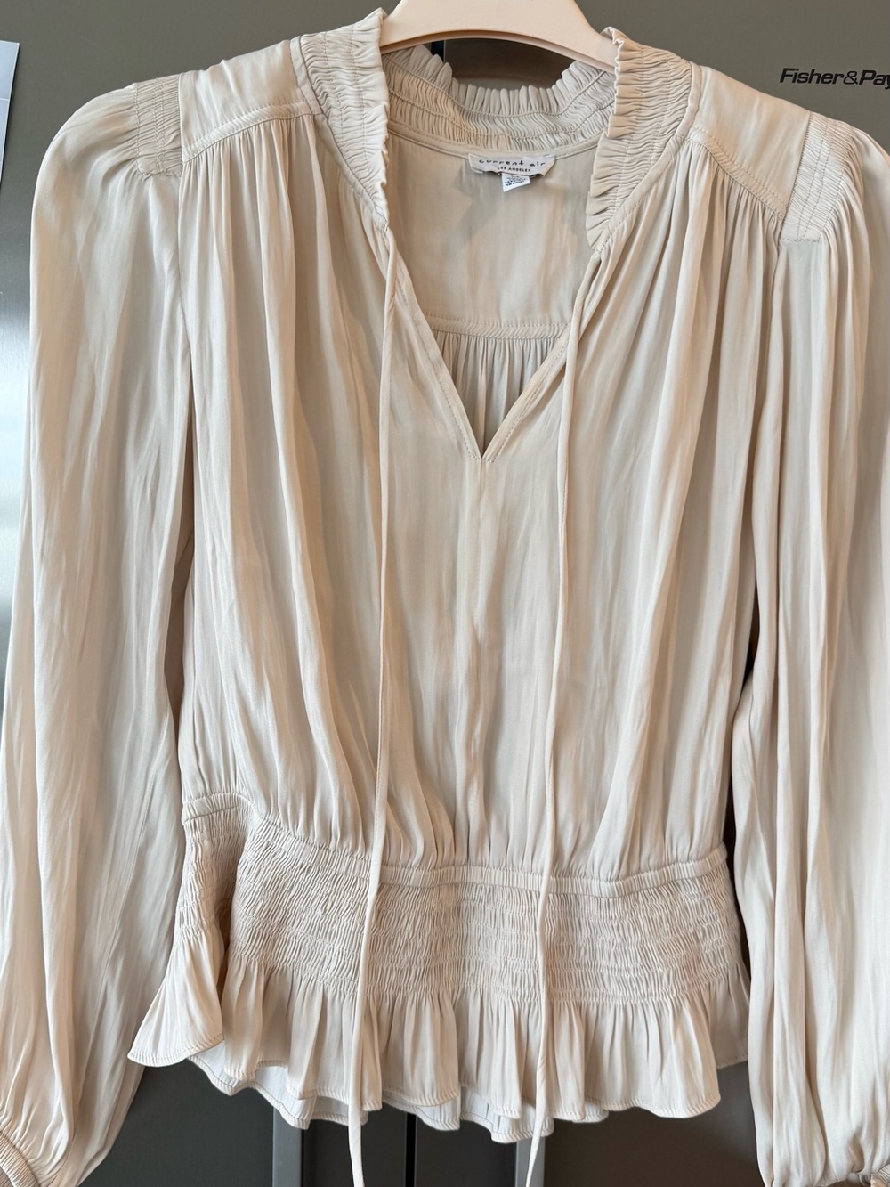 Current Air Cream Smocked-Neck Blouse